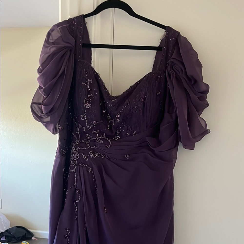 La Belle Purple Ruched Puff Sleeve Gown